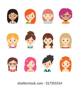 Collection of different avatars with women. Vector illustration in flat style. 