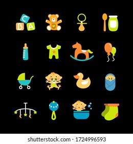Collection of different baby icons. Fun colored icons. Black background. 