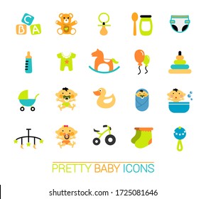 Collection of different baby icons. Fun colored icons. Flat icons. 