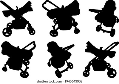 Collection of different baby strollers isolated on white