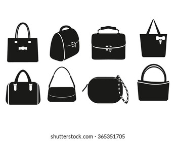 Collection of different bags, clutches, purses handbags. Vector set of black and white silhouette  different styles female bags. Bag isolated. Women Bag silhouette set.