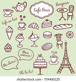 Collection of different bakery, coffe and Paris symbols