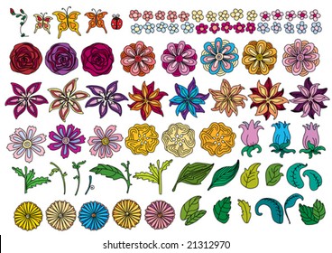 Collection of different beautiful multicolored stylized flowers