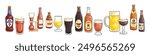 Collection of different beer bottles and glasses. Banner in line style. Black outline with color spots. Isolated on white background. Vector flat illustration. Template for menu design