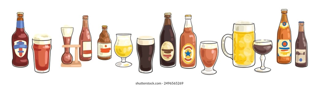 Colección de diferentes botellas y vasos de cerveza. Anuncio en estilo de línea. Contorno negro con manchas de color. Aislado sobre fondo blanco. Ilustración plana de Vector. Plantilla para el diseño de menús