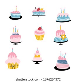 Collection of different birthday cakes with candles isolated on white background. Cartoon style. Elements for greeting card in vector.