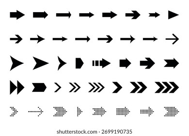 Colección de diferentes conjuntos de iconos de flecha negra o dirección. Flechas simples modernas para el Diseño web o la Ilustración vectorial de interfaz eps 10
