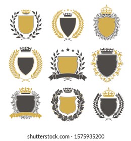 Collection of the Different black and gold silhouette shields, wreaths and crowns depicting an award, achievement, heraldry, nobility. 