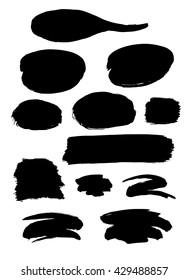 Collection of different black grunge brush strokes and forms isolated over white background. Set of design elements. Vector illustration.