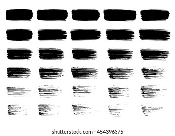 Collection of different black grunge brush strokes isolated over white background. Set of design elements. Vector illustration.