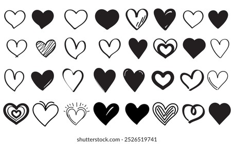 Colección de diferentes ilustraciones de corazón negro, corazones dibujados a mano. conjunto de iconos de Vector. diseño de ilustración. eps 10.