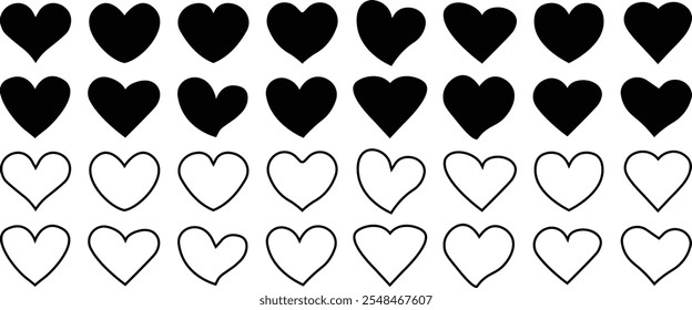 Collection of different black heart illustration. Romance or valentine's day red heart. Love heart different shapes vector. Hand drawn hearts. Black heart vector