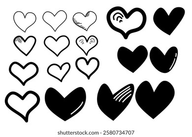 Collection of different black heart illustration, Hand drawn hearts.Vector symbol icon set. illustration design.