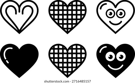 Collection of different black heart shapes on white background