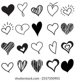 Collection of different black hearts illustration.Lots of love and hearts in different poses. Silhouette on a white background.