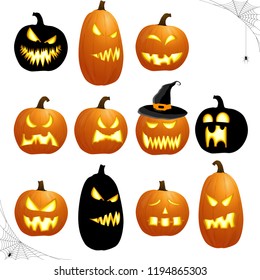 collection of different black and orange colored illustrated pumpkins for Halloween layouts