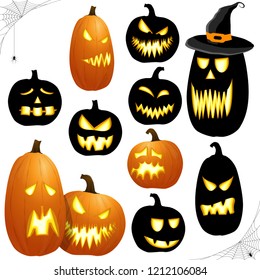 collection of different black and orange colored illustrated pumpkins for Halloween layouts