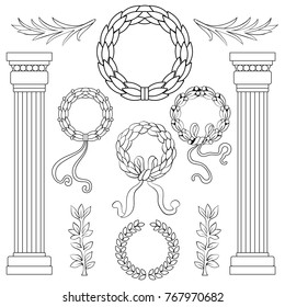 Collection of different black outline silhouette circular laurel foliate, wheat and oak wreaths with ribbons, achievement, heraldry, nobility, column. Vector illustration.