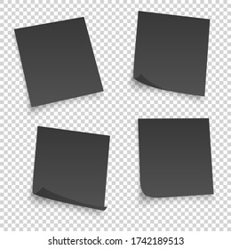 Collection of different black sheets. papers note with curled corner isolated on transperent background. Vector illustration.