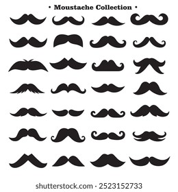 Uma coleção de diferentes silhuetas pretas de bigodes em vários estilos e formas, em um fundo branco