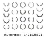 Collection of different black and white silhouette circular laurel foliate, wheat and olive wreaths depicting an award, achievement, heraldry, nobility. Vector illustration.