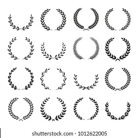 Coleção de diferentes silhueta preto e branco folha de louro circular, grinaldas de trigo e carvalho representando um prêmio, realização, heráldica, nobreza. Ilustração vetorial.