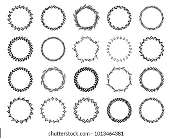 Collection of different black and white silhouette circular laurel foliate, wheat and oak wreaths depicting an award, achievement, heraldry, nobility. Vector illustration.