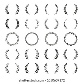 Collection of different black and white silhouette circular laurel foliate, wheat and oak wreaths depicting an award, achievement, heraldry, nobility. Vector illustration.