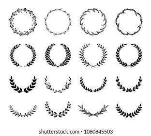 Collection of different black and white silhouette circular laurel foliate, wheat and oak wreaths depicting an award, achievement, heraldry, nobility. Vector illustration.