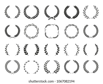 Collection of different black and white silhouette circular laurel foliate, wheat and oak wreaths depicting an award, achievement, heraldry, nobility. Vector illustration.