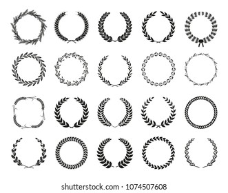 Collection of different black and white silhouette circular laurel foliate, wheat, olive and oak wreaths depicting an award, achievement, heraldry, nobility. Vector illustration.