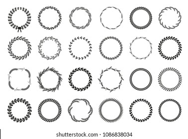 Collection of different black and white silhouette circular laurel foliate, wheat and oak wreaths depicting an award, achievement, heraldry, nobility. Vector illustration.