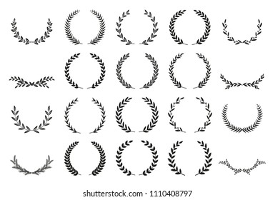 Collection of different black and white silhouette circular laurel foliate, wheat and oak wreaths depicting an award, achievement, heraldry, nobility. Vector illustration. - Shutterstock ID 1110408797