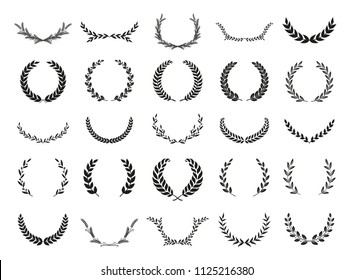 Collection of different black and white silhouette circular laurel foliate, wheat and oak wreaths depicting an award, achievement, heraldry, nobility. Vector illustration.