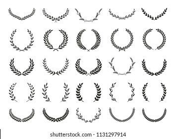 Collection of different black and white silhouette circular laurel foliate, wheat and olive wreaths depicting an award, achievement, heraldry, nobility. Vector illustration.