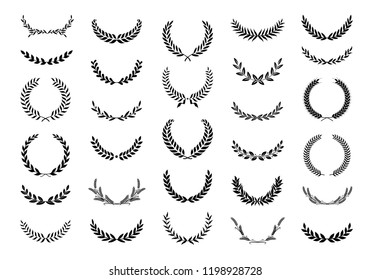 Collection of different black and white silhouette circular laurel foliate, wheat and oak wreaths depicting an award, achievement, heraldry, nobility. Vector illustration.