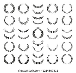 Collection of different black and white silhouette circular laurel foliate, wheat and olive wreaths depicting an award, achievement, heraldry, nobility. Vector illustration.