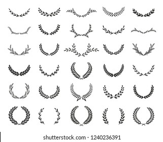 Collection of different black and white silhouette circular laurel foliate, olive,  wheat and oak wreaths depicting an award, achievement, heraldry, nobility. Vector illustration.