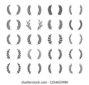 Collection of different black and white silhouette round laurel foliate, olive, wheat and oak wreaths depicting an award, achievement, heraldry, nobility. Vector illustration.