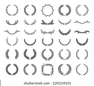 Collection of different black and white silhouette circular laurel foliate, wheat and oak wreaths depicting an award, achievement, heraldry, nobility. Vector illustration.