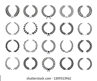 Collection of different black and white silhouette circular laurel foliate, wheat, olive and oak wreaths depicting an award, achievement, heraldry, nobility. Vector illustration.