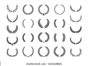 Collection of different black and white silhouette circular laurel foliate, wheat and olive wreaths depicting an award, achievement, heraldry, nobility. Vector illustration.