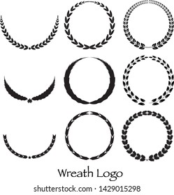 Collection of different black and white silhouette circular laurel wreaths. Vector illustration. Design elements.