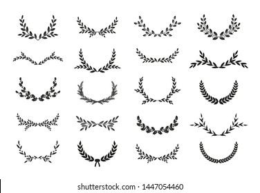 Collection of different black and white silhouette laurel foliate, wheat, oak and olive wreaths depicting an award, achievement, heraldry, emblem, nobility. Vector illustration.