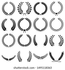 Collection of different black and white silhouette circular laurel foliate, olive,  wheat and oak wreaths depicting an award, achievement, heraldry, nobility. Vector illustration isolated on white bac