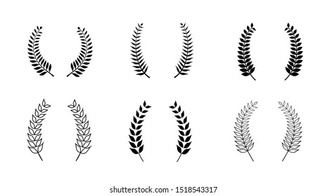 Collection of different black and white silhouette circular laurel foliate,  and olive wreaths depicting , achievement, heraldry, nobility. Vector illustration.