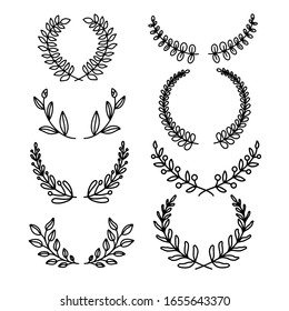 Collection of different black and white silhouette circular laurel foliate,  and olive wreaths depicting , achievement, heraldry, nobility. Vector illustration.