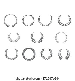 Collection of different black and white silhouette circular laurel foliate, olive, wheat and oak wreaths depicting an award, achievement, heraldry, nobility. Vector illustration.