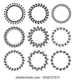 Collection of different black and white silhouette circular laurel foliate, wheat, olive and oak wreaths depicting an award, achievement, heraldry, nobility. Vector illustration.