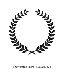 Collection of different black and white silhouette circular laurel foliate, wheat wreaths depicting an award, achievement, heraldry, nobility. Isolated on a blank background. Can be edited.